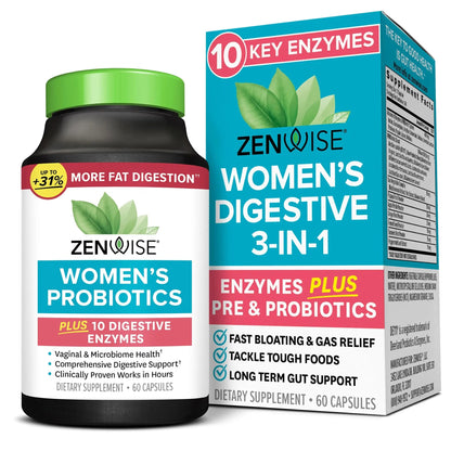 Zenwise Health 3-in-1 Womens Probiotic Supplement for Digestive, Gut Flora & Vaginal Health - Daily Probiotics & Prebiotics for Women with Digestive Enzymes Supports Bloating & Gas Relief - 60 Count Zenwise HealthBuy Supplements Australia