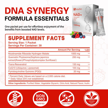 DNOUHN NAD Liquid Supplement 1500mg, Nicotinamide Riboside & Resveratrol with PQQ, NAD Supplement for Women & Men, Boosts Cellular Energy, Anti-Aging, Immune, Focus, 30 Packets DNOUHNBuy Supplements Australia