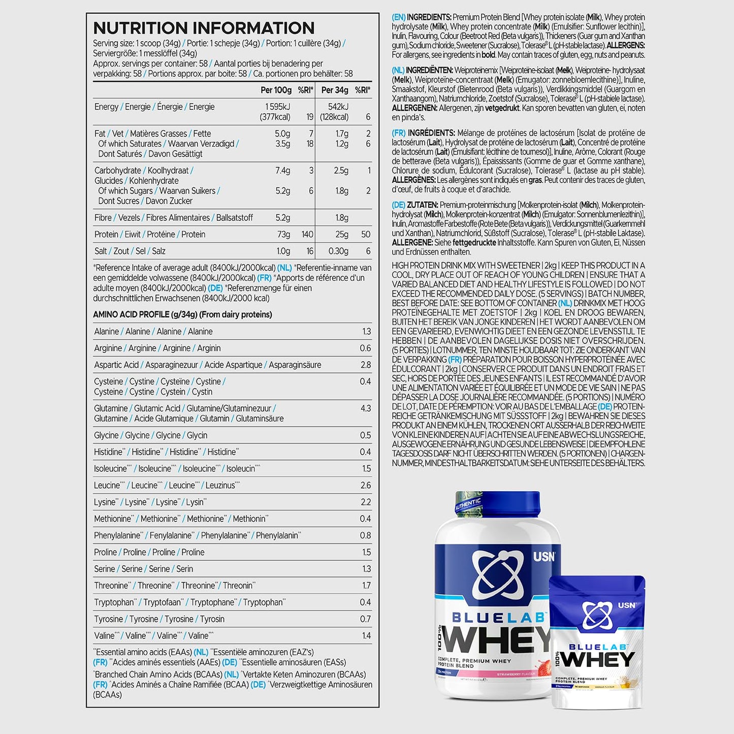 USN Blue Lab Whey Protein Powder: Strawberry - Whey Protein 908g - Post-Workout - Whey Isolate USNBuy Supplements Australia