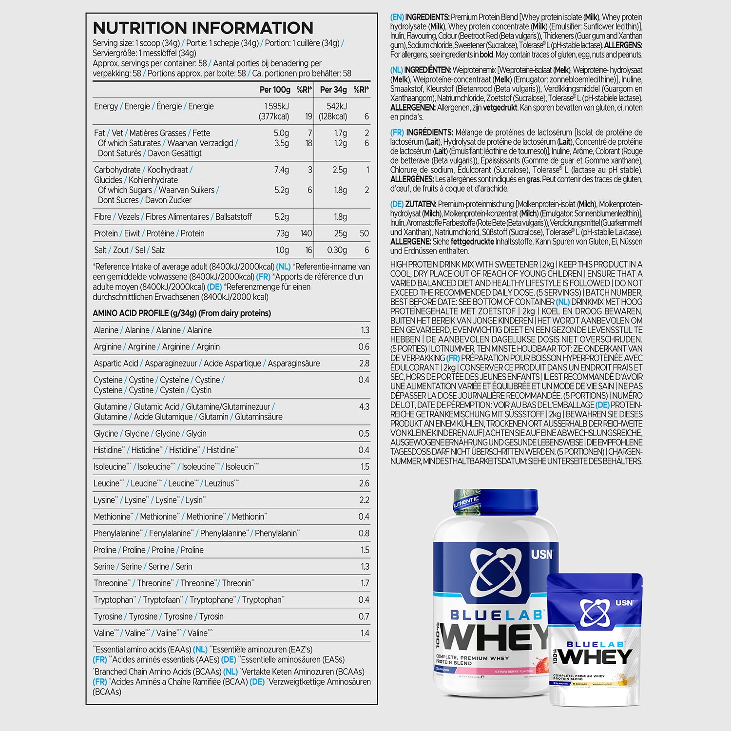 USN Blue Lab Whey Protein Powder: Strawberry - Whey Protein 908g - Post-Workout - Whey Isolate USNBuy Supplements Australia