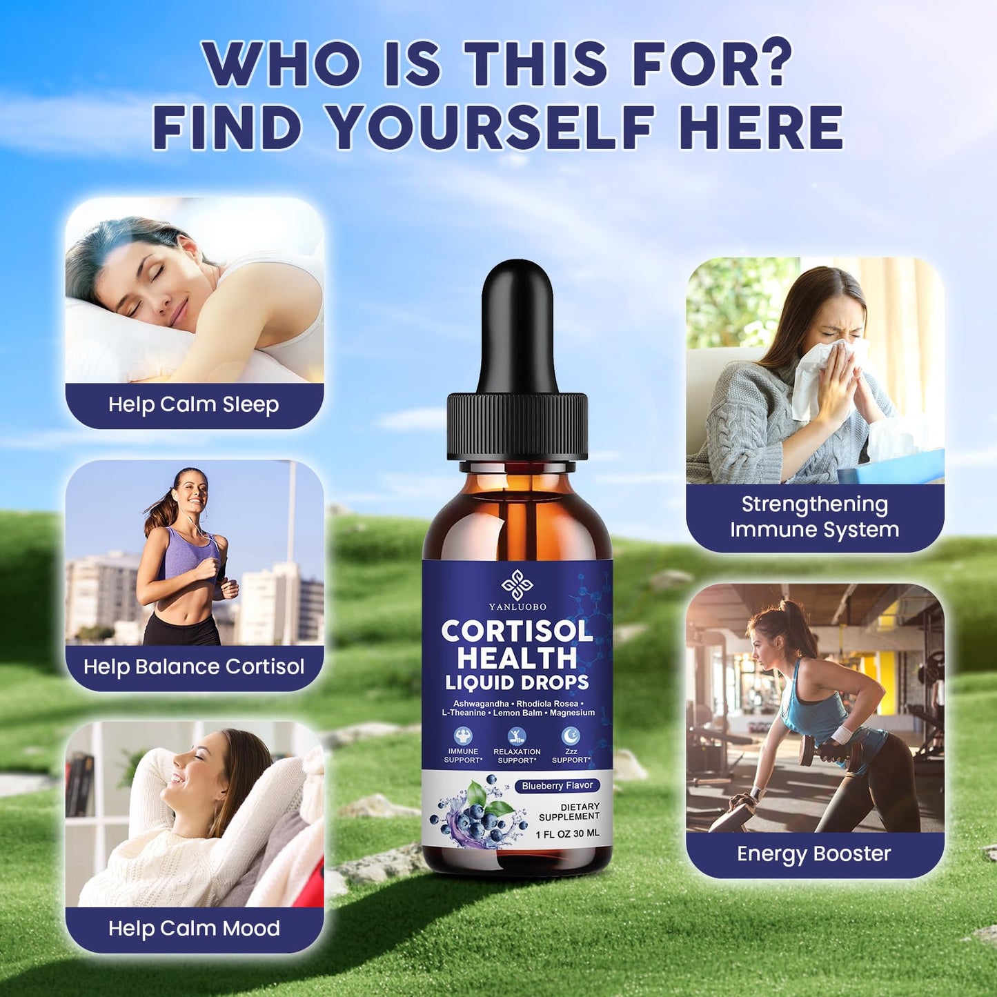 Cortisol Supplements for Women - Cortisol Manager Liquid Drops with Magnesium, Ashwagandha & Rhodiola rosea, L-theanine - Promotes Relaxation & Better Sleep, Mood, Blueberry Flavors, 1FL.OZ(2PC) YANLUOBOBuy Supplements Australia
