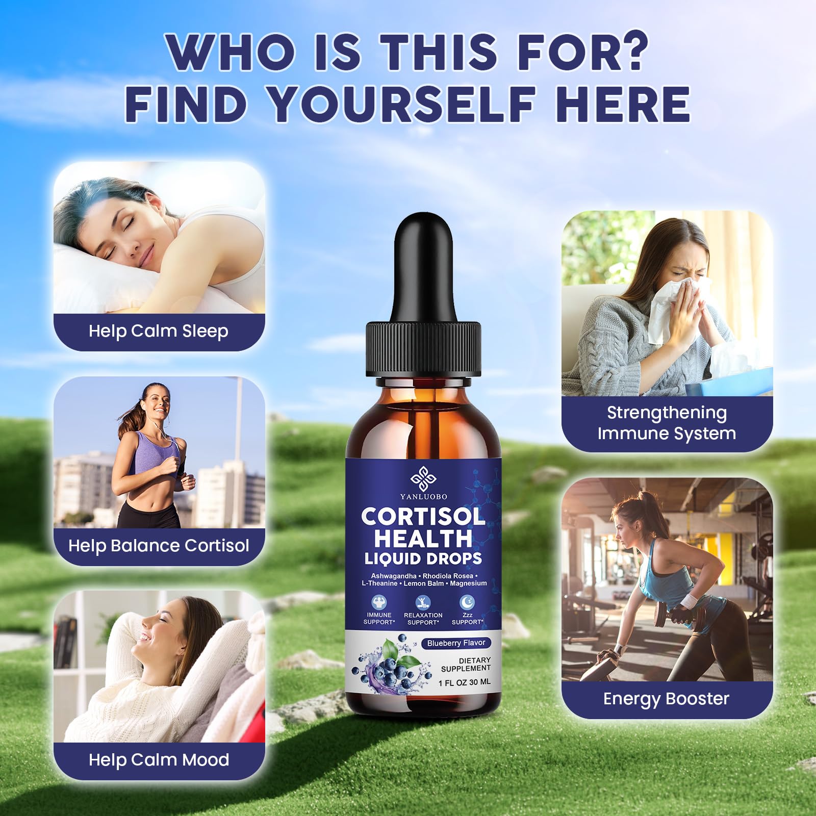 Cortisol Supplements for Women - Cortisol Manager Liquid Drops with Magnesium, Ashwagandha & Rhodiola rosea, L-theanine - Promotes Relaxation & Better Sleep, Mood, Blueberry Flavors, 1FL.OZ(2PC) YANLUOBOBuy Supplements Australia