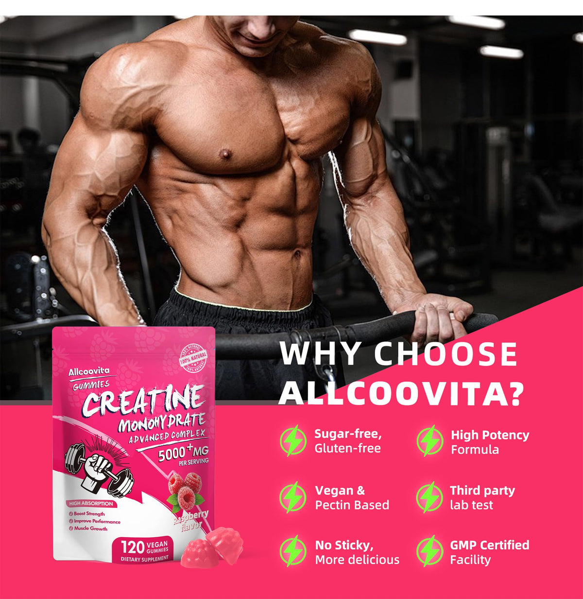 NSF Certified Creatine Gummy - Creatine Monohydrate Gummies 5000mg for Men & Women -120 Gummies Advanced Formula, Muscle Strength, Muscle Builder, Energy Boost, Pre-Workout Supplement-Raspberry AllcoovitaBuy Supplements Australia