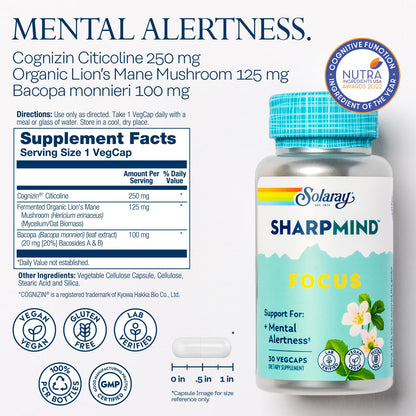 SOLARAY SharpMind Focus, Mental Alertness Nootropic Supplement, Memory Support, Each Capsule with Cognizin Citicoline, Vegan, 60 Day Money Guarantee, 30 Serv 30 Vegetarian Capsules Pills SOLARAYBuy Supplements Australia