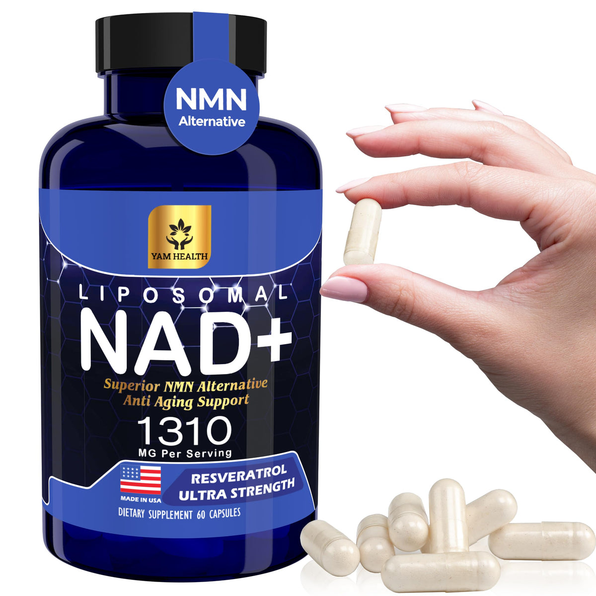 Bottle of Liposomal NAD+ supplement with capsules and a hand holding a capsule on a white background
