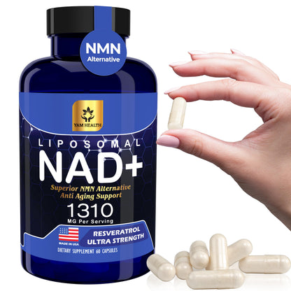 Bottle of Liposomal NAD+ supplement with capsules and a hand holding a capsule on a white background