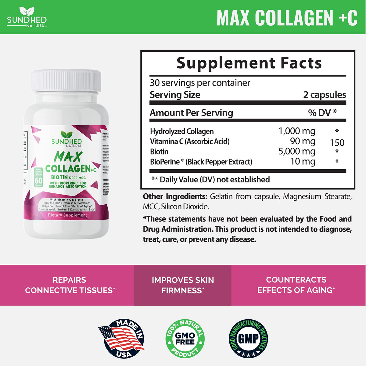 Sundhed Natural Max Collagen Plus C (60 caps) - All Natural Collagen Capsules with Biotin & Bioperine to Boost Anti Aging Hydration & Skin Firmness - Collagen Pills to Strengthen Bones & Nails Sundhed NaturalBuy Supplements Australia