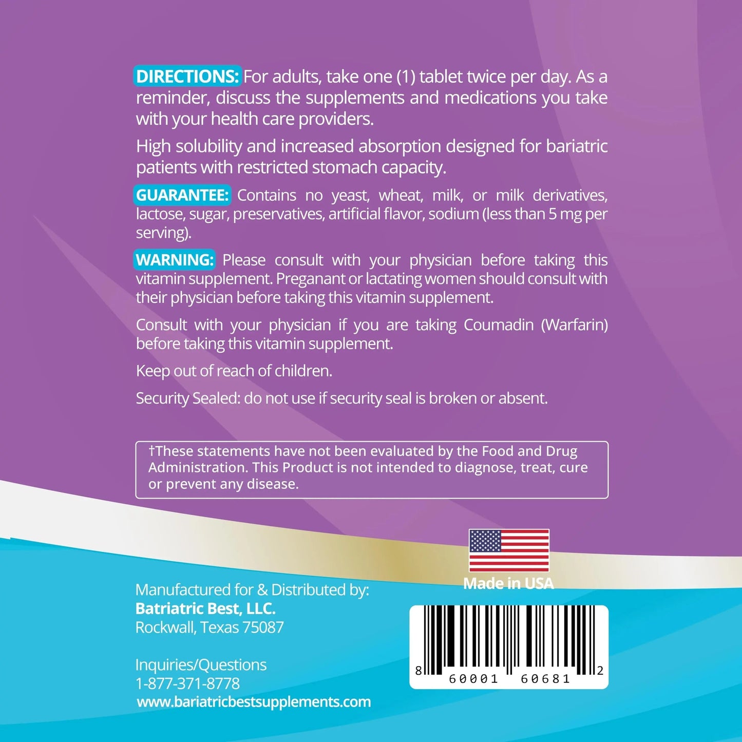 High A D E K Bariatric Multivitamin for Post DS/SADI Surgery, 25 Essential Nutrients for Post-Weight Loss Surgery, 60 Tablets Bariatric Best Supplements