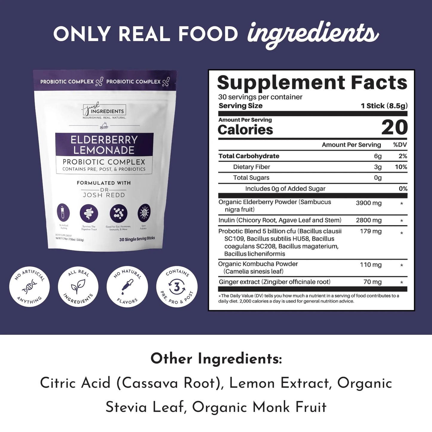 JUST INGREDIENTS Elderberry Lemonade 3-in-1 Probiotic Complex - Prebiotics, Probiotics & Postbiotics - 30 Sticks JUST INGREDIENTSBuy Supplements Australia