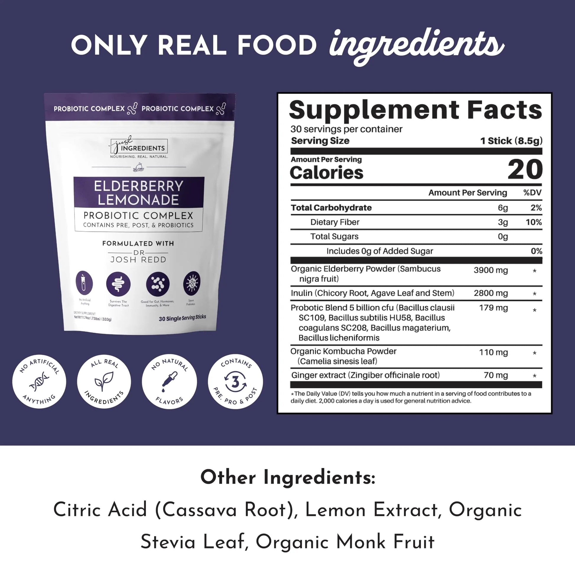 JUST INGREDIENTS Elderberry Lemonade 3-in-1 Probiotic Complex - Prebiotics, Probiotics & Postbiotics - 30 Sticks JUST INGREDIENTSBuy Supplements Australia