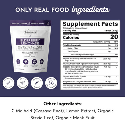 JUST INGREDIENTS Elderberry Lemonade 3-in-1 Probiotic Complex - Prebiotics, Probiotics & Postbiotics - 30 Sticks JUST INGREDIENTSBuy Supplements Australia