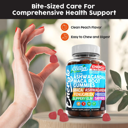 Ashwagandha Maca Root Gummies with Fenugreek Hibiscus Slippery Elm Saffron Extract & Beta Carotene | Peach Flavor Vegan Gummy Vitamins Adaptogen Cortisol Supplement Energlo by Clean Nutra Clean NutraceuticalsBuy Supplements Australia