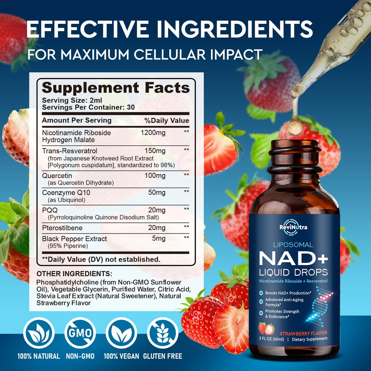 Liposomal NAD+ Liquid Supplement, Nad Resveratrol Supplement for Women & Men, Nicotinamide Riboside with PQQ, CoQ10, Quercetin for Anti-Aging, Brain, Cellular Energy Health, Strawberry Flavor, 2 Fl Oz ReviNutraBuy Supplements Australia