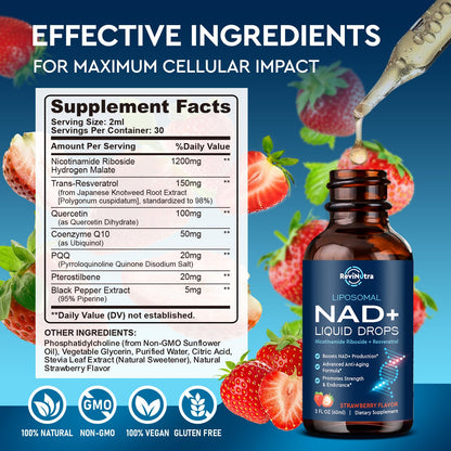 Liposomal NAD+ Liquid Supplement, Nad Resveratrol Supplement for Women & Men, Nicotinamide Riboside with PQQ, CoQ10, Quercetin for Anti-Aging, Brain, Cellular Energy Health, Strawberry Flavor, 2 Fl Oz ReviNutraBuy Supplements Australia