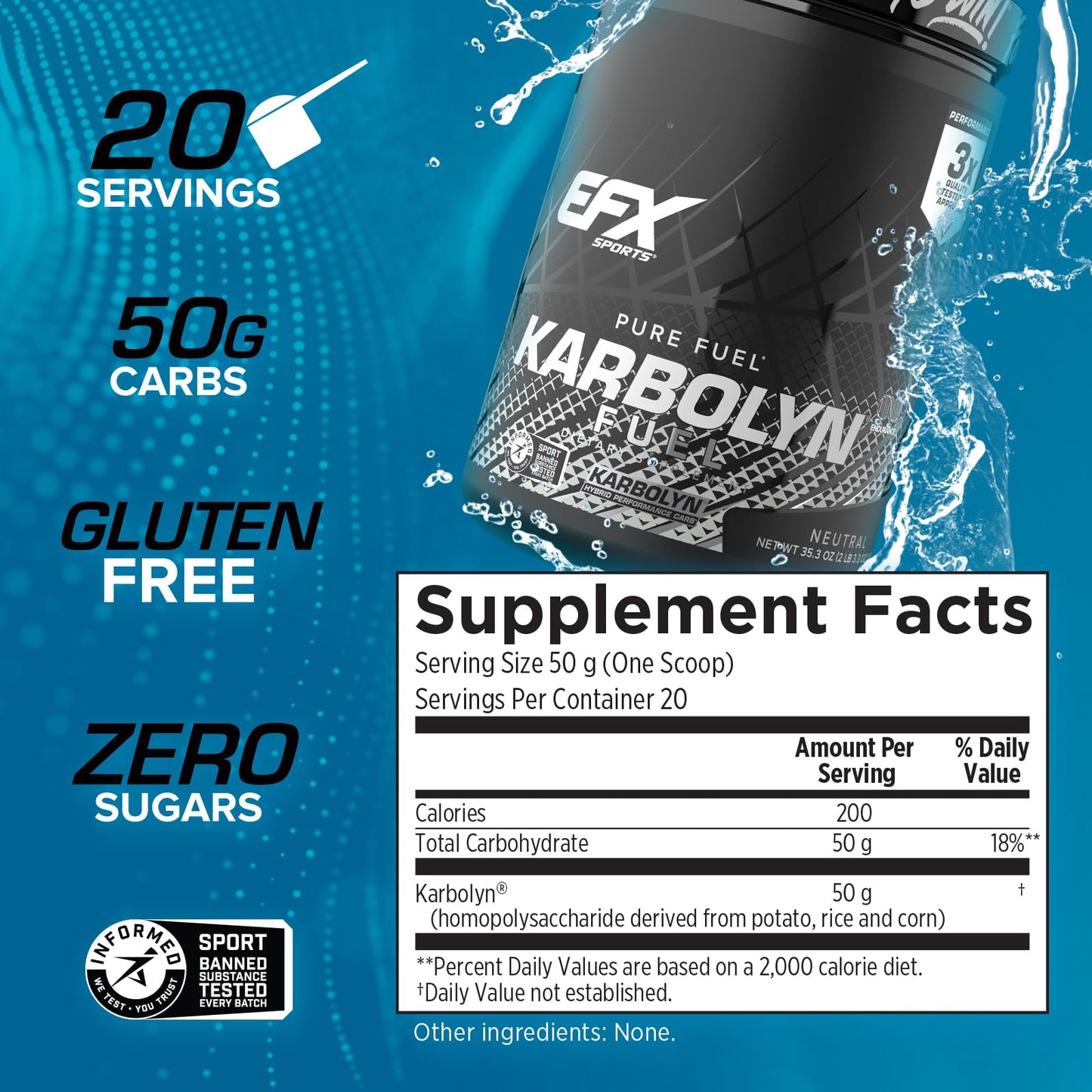 EFX Sports Karbolyn Fuel | Fast-Absorbing Carbohydrate Powder | Carb Load, Sustained Energy, Quick Recovery | Stimulant Free | 20 Servings (Neutral)