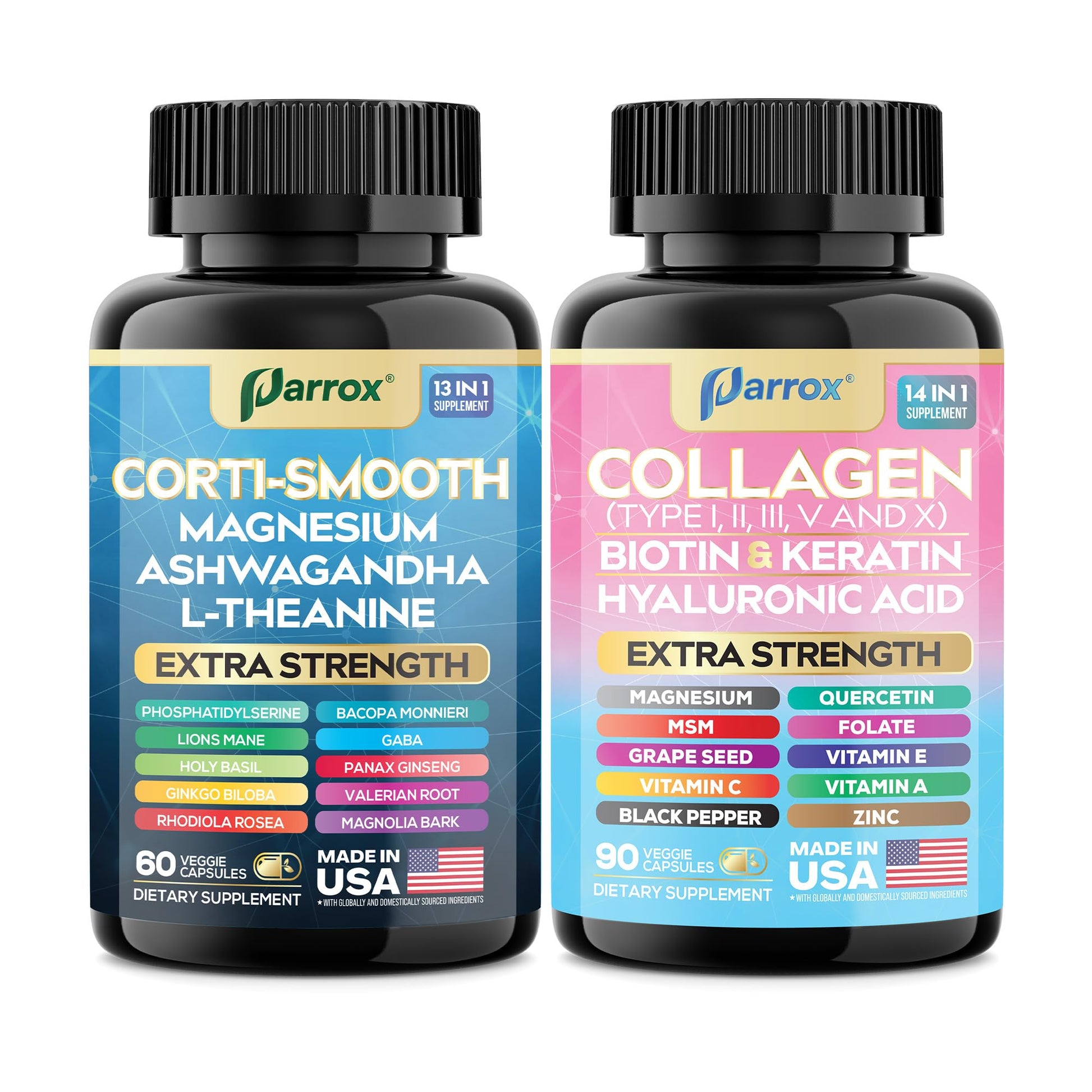 Parrox Shining Serenity Set, Cortisol Support with Ashwagandha, L-Theanine, Magnesium, Lions Mane, GABA, Bacopa Monnieri, Collagen I, II, III, V, X, Folate, Biotin, Keratin, Hyaluronic Acid, Quercetin ParroxBuy Supplements Australia