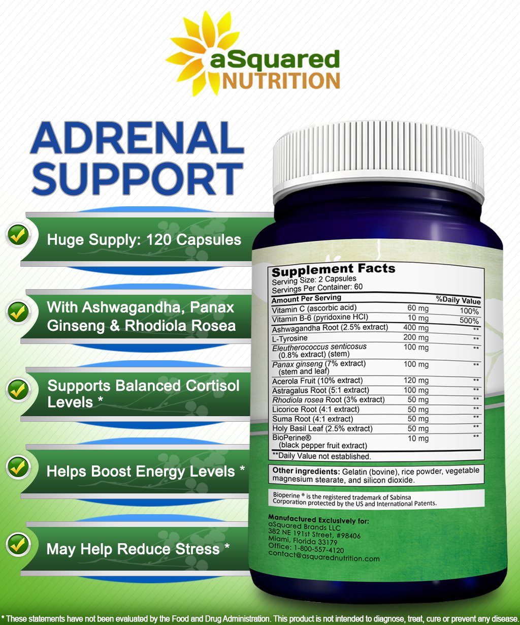 aSquared Nutrition Adrenal Support & Cortisol Manager Supplement (120 Capsules)-Adrenal Health w/Vitamin C Complex Pills to Support Fatigue & Stress Relief-Ashwagandha, L-Tyrosine, Rhodiola & Ginseng aSquared NutritionBuy Supplements Australia