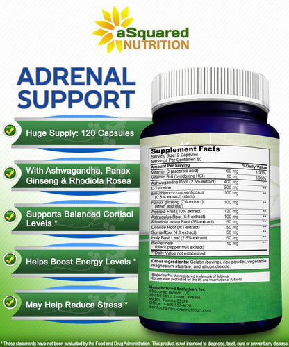 aSquared Nutrition Adrenal Support & Cortisol Manager Supplement (120 Capsules)-Adrenal Health w/Vitamin C Complex Pills to Support Fatigue & Stress Relief-Ashwagandha, L-Tyrosine, Rhodiola & Ginseng aSquared NutritionBuy Supplements Australia