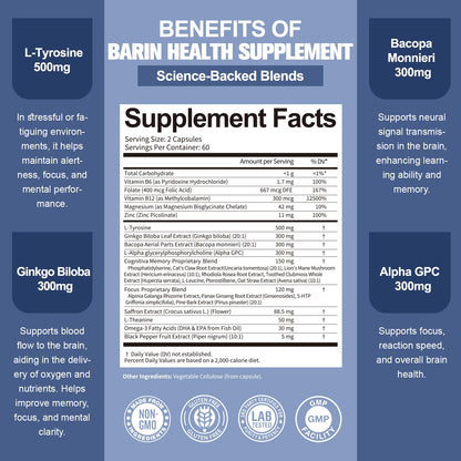 Totara Brain Supplements for Memory and Focus丨Non-Caffeinated Energy with L-Tyrosine, Alpha GPC, Ginkgo Biloba, Bacopa Monnieri, Saffron – Gluten Free, Non-GMO for Neuro & Brain Health (120 Counts) TotariaBuy Supplements Australia