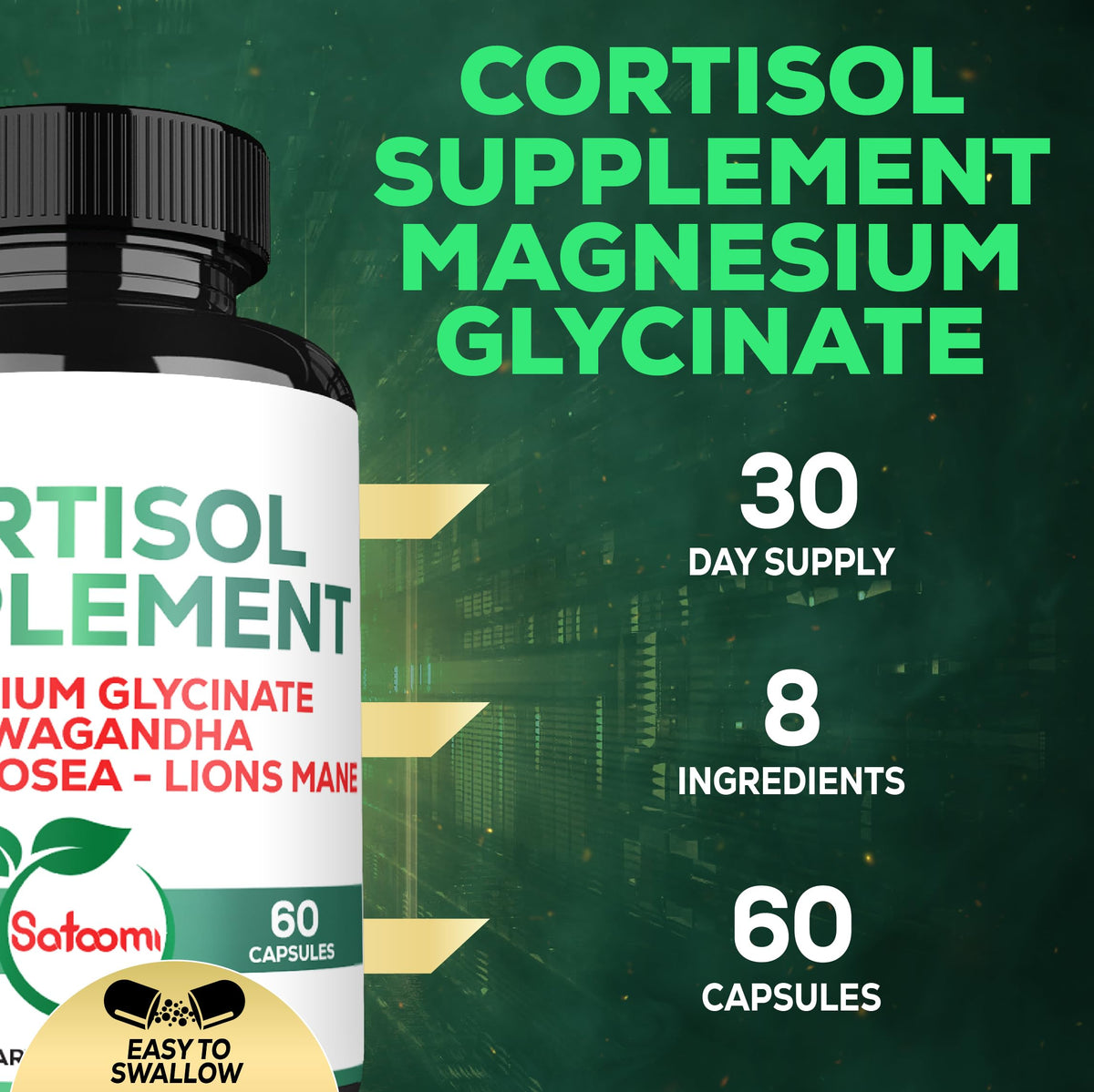 Satoomi 8in1 Cortisol Manager with Magnesium Glycinate, Ashwagandha, Rhodiola Rosea, Lions Mane & More - Cortisol Reducer Supplement Men & Women - 60 Capsules SatoomiBuy Supplements Australia