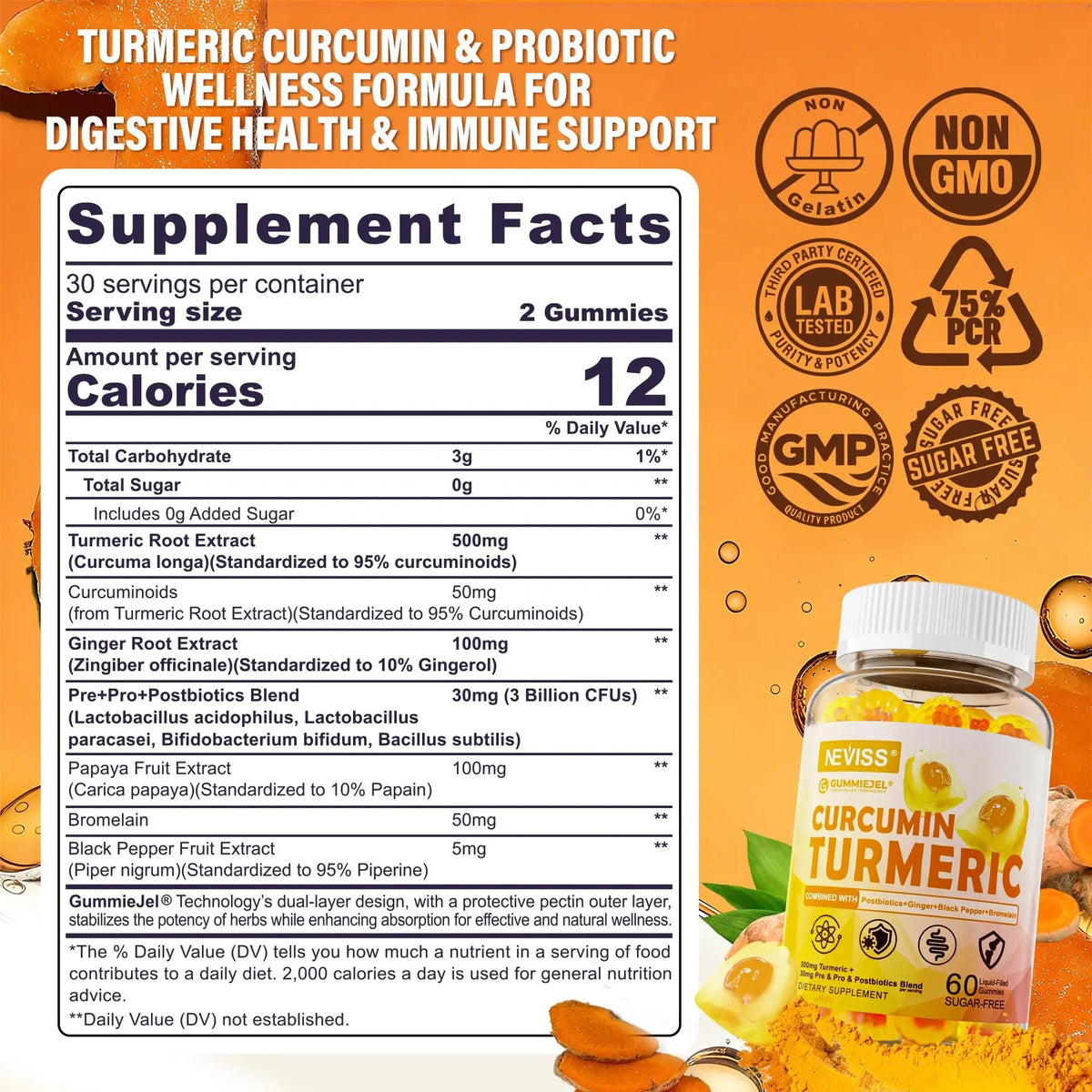 Sugar Free Turmeric Curcumin Filled Gummies 550mg for Adults, Ginger & Black Pepper | 95% Curcuminoids w/Prebiotic Probiotic & Postbiotic Blend, Support, Immune & Digestive Health, Vegan, 2Pack NEVISSBuy Supplements Australia