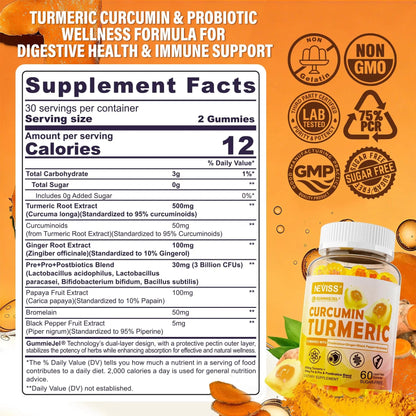 Sugar Free Turmeric Curcumin Filled Gummies 550mg for Adults, Ginger & Black Pepper | 95% Curcuminoids w/Prebiotic Probiotic & Postbiotic Blend, Support, Immune & Digestive Health, Vegan, 2Pack NEVISSBuy Supplements Australia