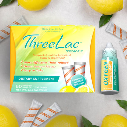 Global Health Trax Ultimate Gut & Oxygen Duo: ThreeLac Lemon Probiotic Powder (60 Packets) & Oxygen Elements Max Drops (1oz) - Digestive Support & Cellular Vitality ght Global Health TraxBuy Supplements Australia