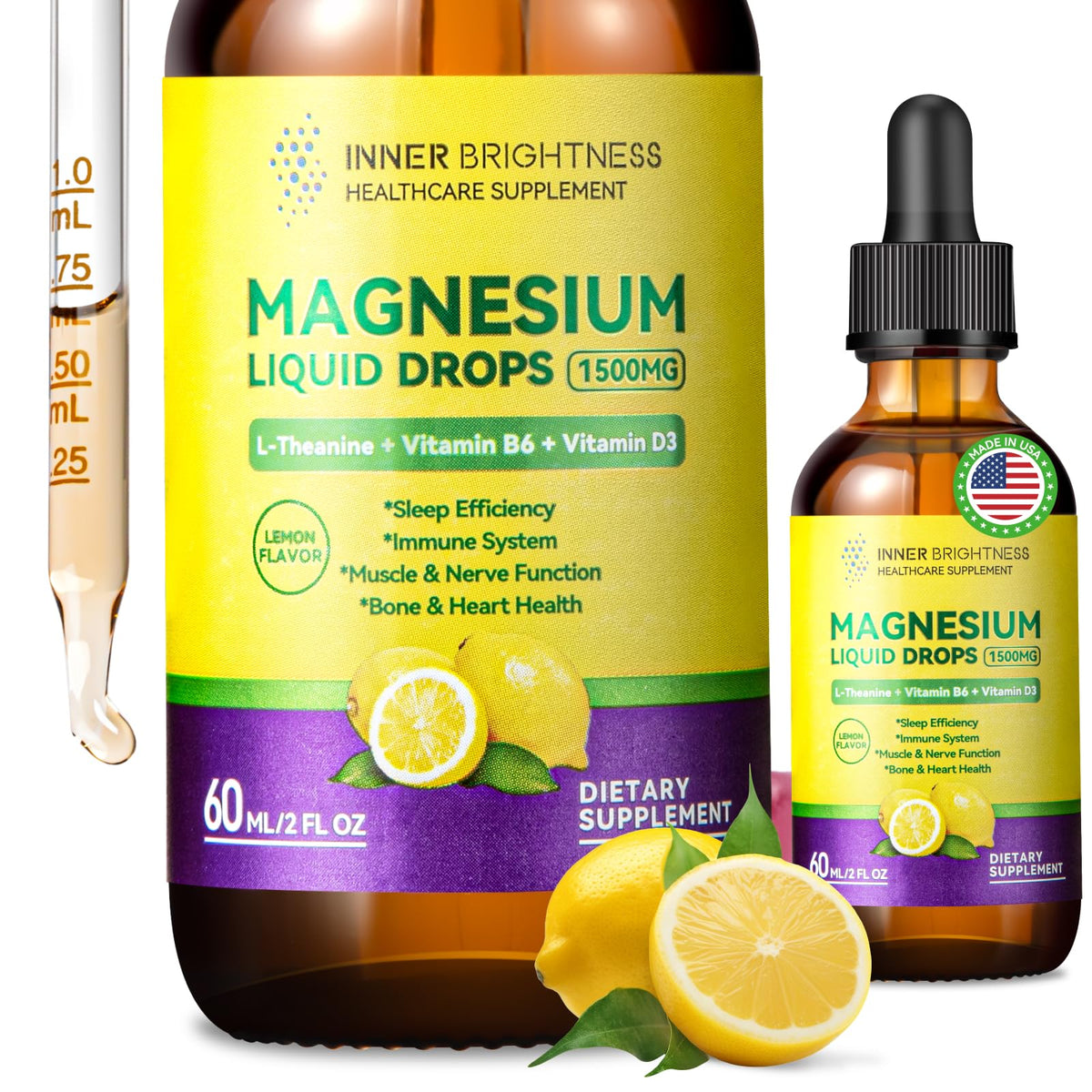 Magnesium Glycinate Liquid Drops 1500mg with Magnesium Citrate & Taurate, L-Theanine, Vitamin D3, B6 - Supports Calm, Sleep, Muscle Relaxation, Leg Cramps & Energy, Lemon Flavor, 60 mL Inner BrightnessBuy Supplements Australia