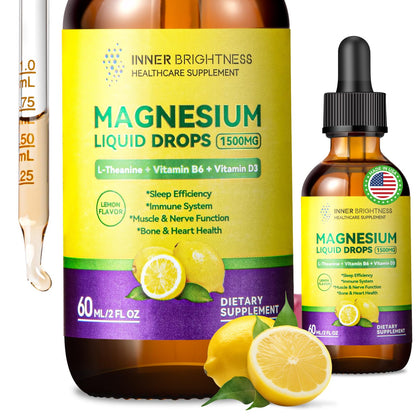 Magnesium Glycinate Liquid Drops 1500mg with Magnesium Citrate & Taurate, L-Theanine, Vitamin D3, B6 - Supports Calm, Sleep, Muscle Relaxation, Leg Cramps & Energy, Lemon Flavor, 60 mL Inner BrightnessBuy Supplements Australia