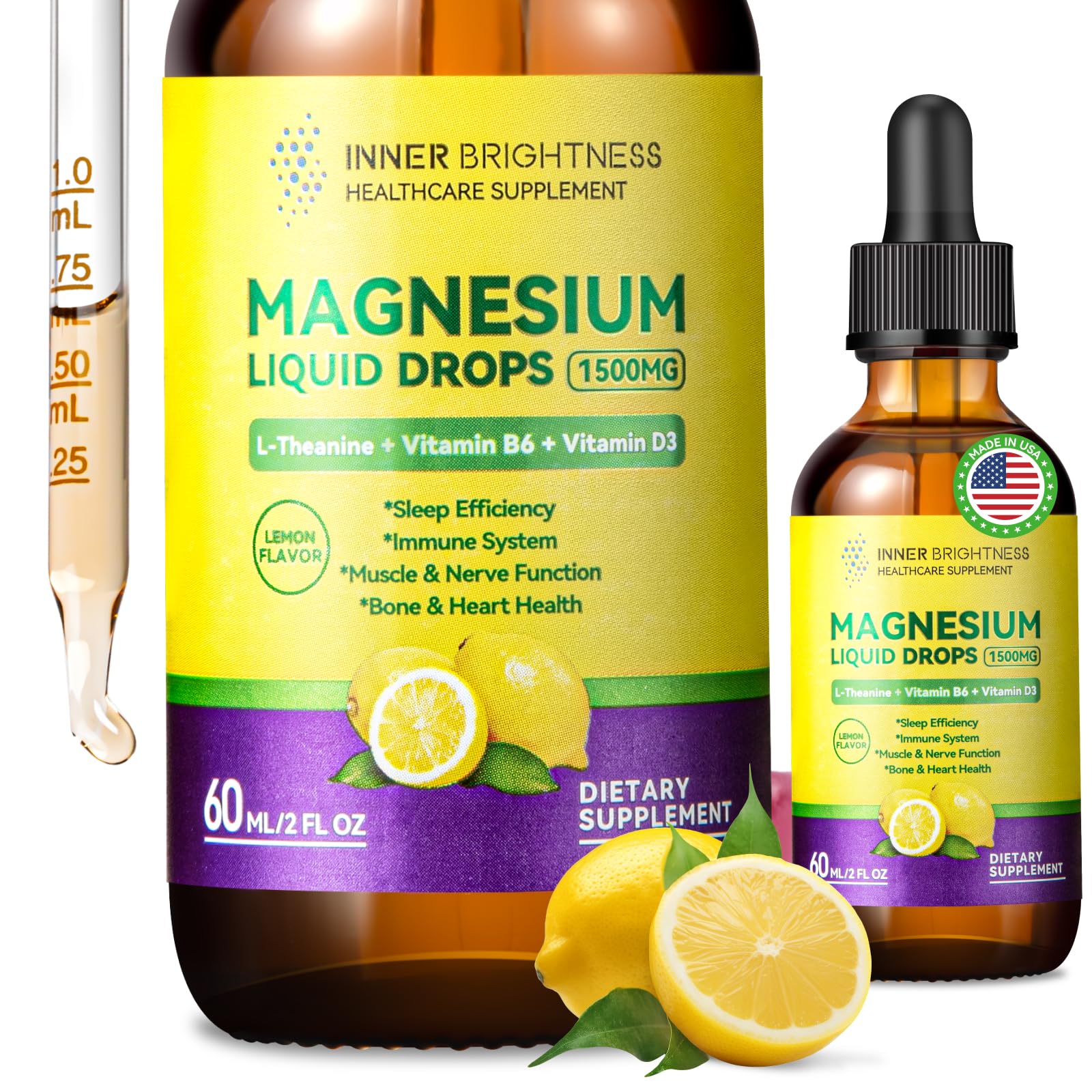 Magnesium Glycinate Liquid Drops 1500mg with Magnesium Citrate & Taurate, L-Theanine, Vitamin D3, B6 - Supports Calm, Sleep, Muscle Relaxation, Leg Cramps & Energy, Lemon Flavor, 60 mL Inner BrightnessBuy Supplements Australia