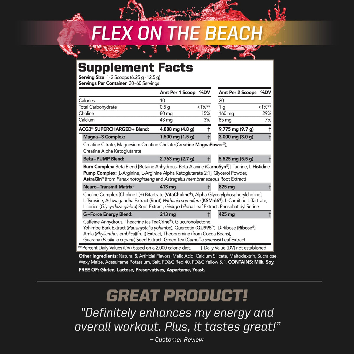 PMD Sports ACG3 Supercharged - Pre Workout - Powerful Strength, High Energy, Maximize Mental Focus, Endurance, Optimum Workout Performance For Men and Women - Flex On The Beach (60 Servings)