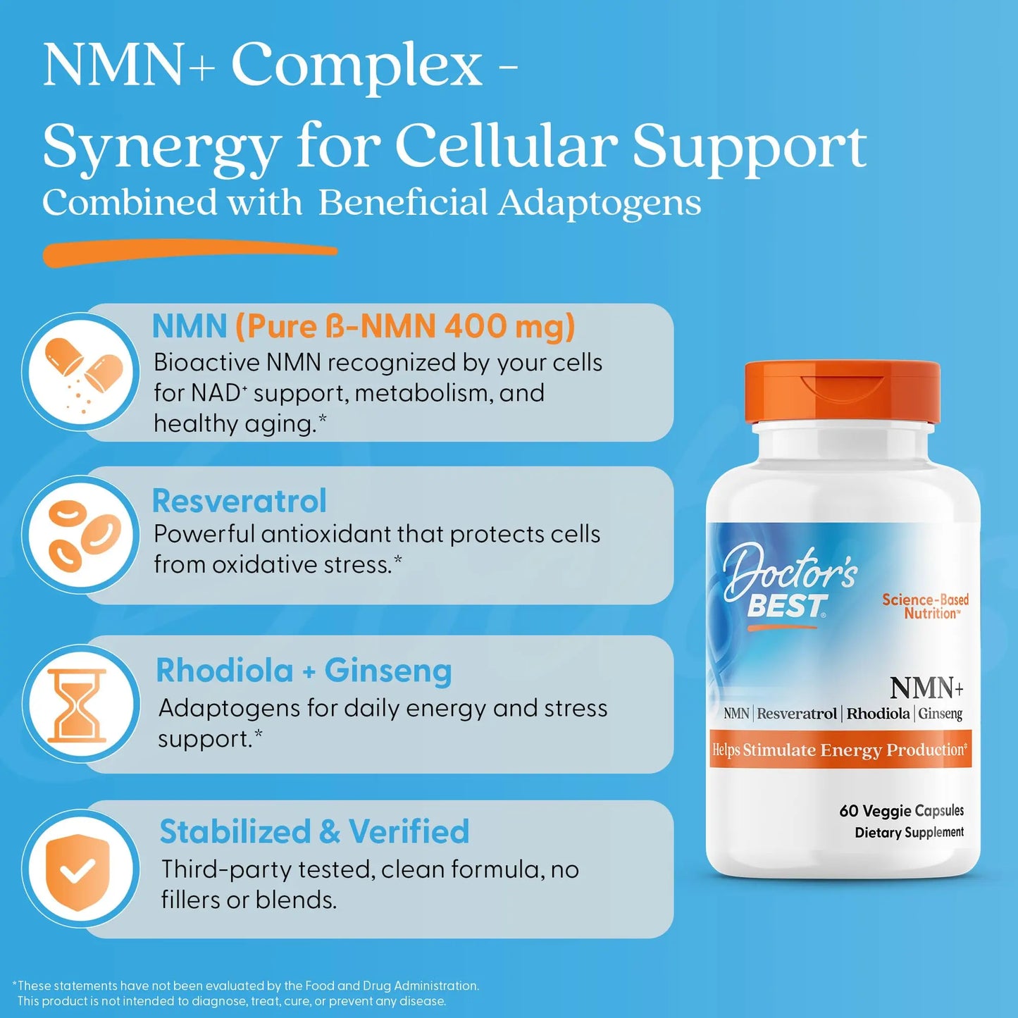 Doctor's Best NMN+ Complex Supplement Capsules for Women & Men - Supports NAD+ Production, Resveratrol 100mg & Beta Nicotinamide Mononucleotide 200mg per Capsule, Cellular Energy Support - 60 Veg Caps Doctor's BESTBuy Supplements Australia