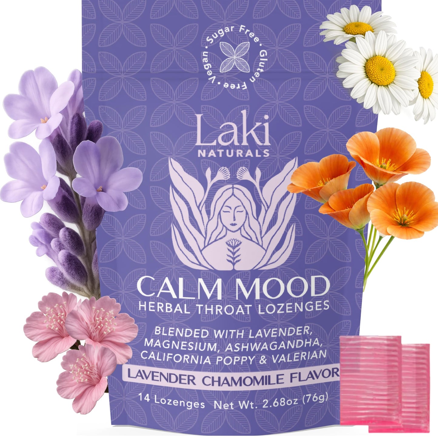 Laki Naturals Lavender Chamomile Calm Mood Functional Herbal Lozenges (14ct) Throat & Calming Hard Candies with Magnesium, Ashwagandha, California Poppy & Valerian. Vegan, Sugar Free, Gluten Free Laki Naturals buy supplements Au