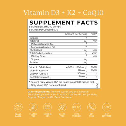 CYMBIOTIKA Vitamin D3 + K2 + CoQ10 Liquid, Vitamin D Supplement for Immune Support, Heart Health & Bone Health, Energy Booster, Liposomal Delivery, Vegan, Keto Ingredients, Tangerine Flavor CYMBIOTIKABuy Supplements Australia