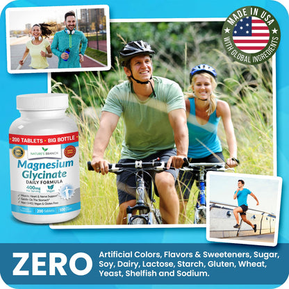 Magnesium Glycinate 400mg | 200 Tablets | High Absorption Mag Supplements for Sleep, Leg Cramps, Heart, Muscle, Calm | Non Buffered Bisglycinate, Extra Strength for Women and Men, Tablets Not Capsules NATURE'S BRANCHBuy Supplements Australia