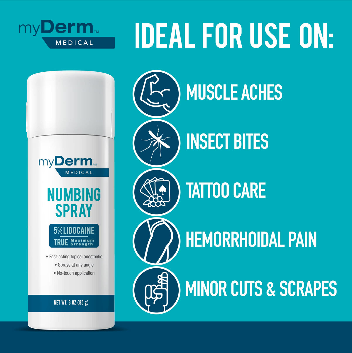 Myderm Medical Numbing Spray - 4.5oz - Maximum Strength 5% Lidocaine with Phenylephrine HCl and Witch Hazel - Fast-Acting Reliever with A Touch-Free Application - First Aid Supplies - Made in USA MydermBuy Supplements Australia