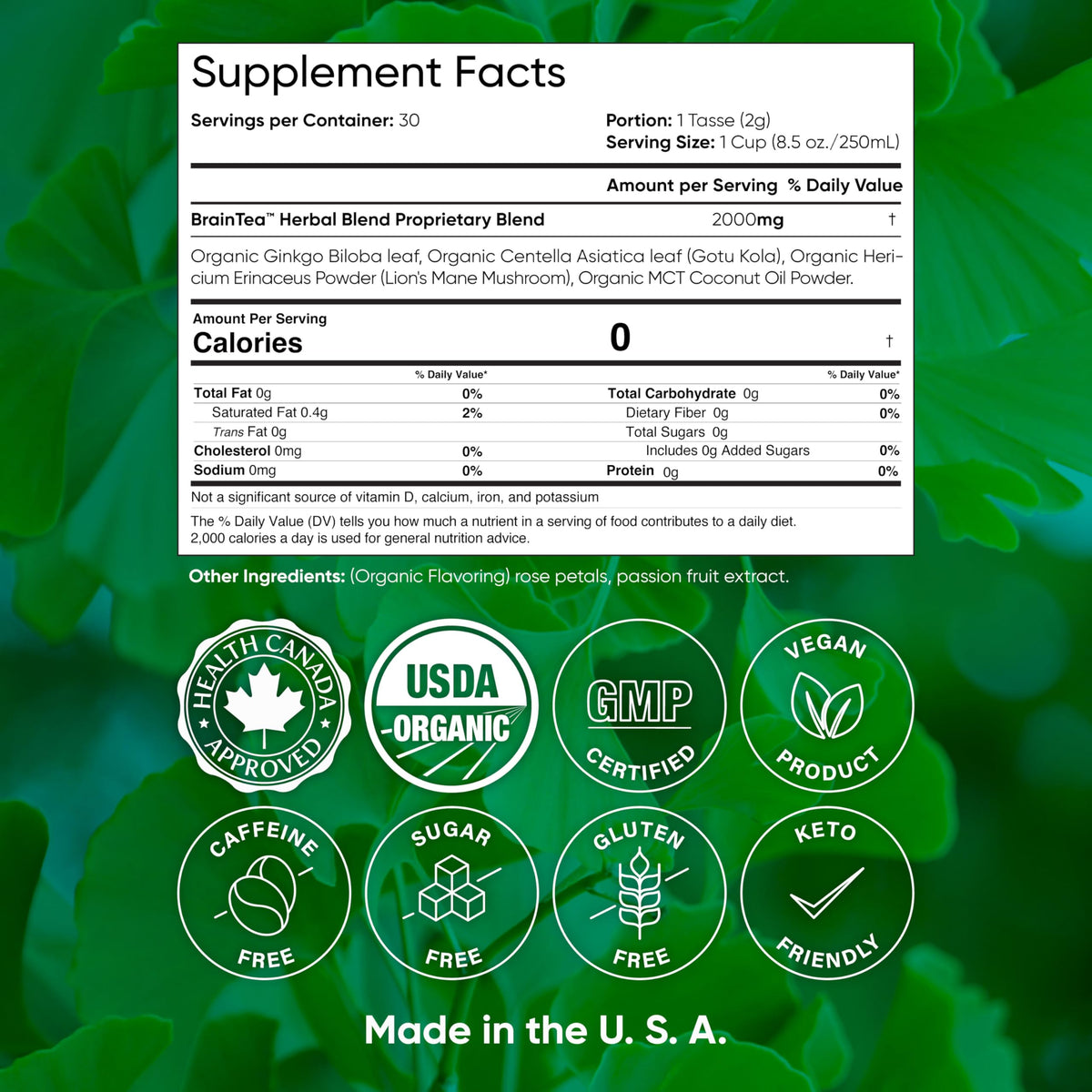 Brain Tea Focus & Memory - Brain Tea Organic Certified 4-in-1 Nootropic Herbal Supplement with Ginkgo Biloba, Gotu Kola, Lion’s Mane Mushroom, MCT Caffeine-Free for Mental Clarity (30 Sachets) Brain TeaBuy Supplements Australia