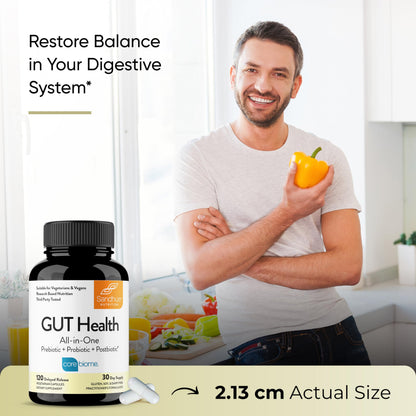 Sandhu's Gut Health - Prebiotic, Probiotic, Postbiotic & L-Glutamine | Digestive Health, Colon, Probiotic Total Supplements | 120 Delayed Release Capsules