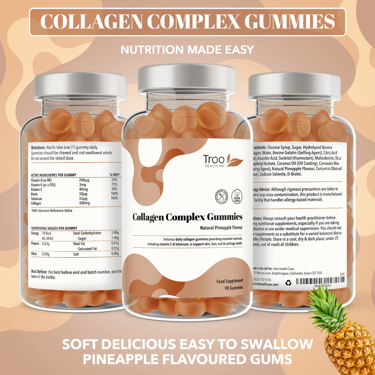 Hydrolysed Collagen Complex - 90 Natural Pineapple Flavour Chewable Gummies - One Per Day with Biotin, Vitamin C and Selenium Troo Health CareBuy Supplements Australia