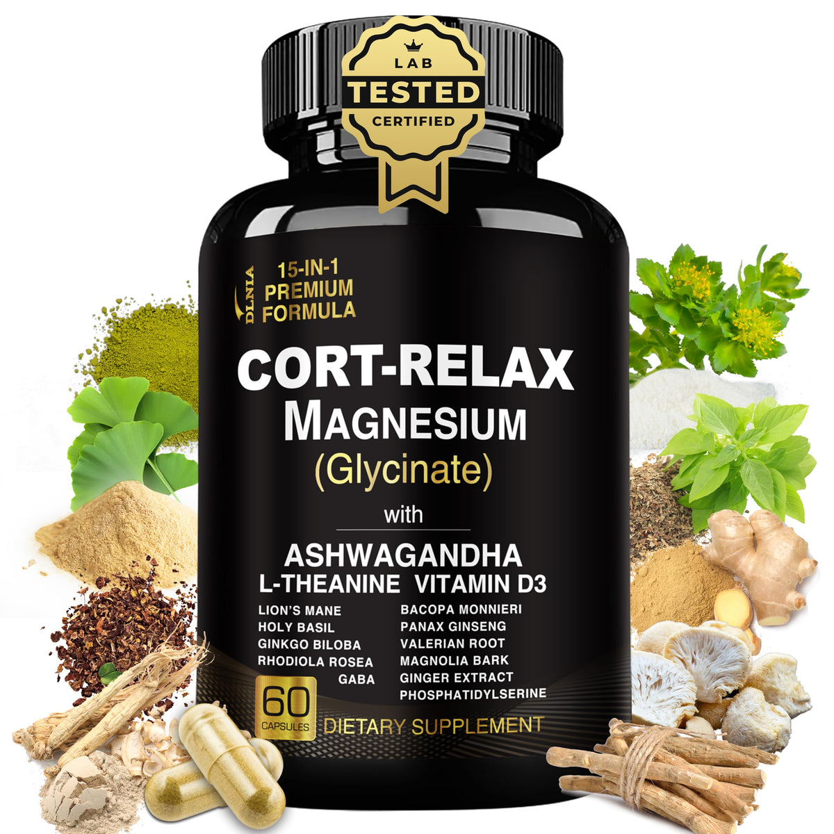 Super Calm Cortisol Supplements for Women & Men with Magnesium Glycinate, Ashwagandha, L-Theanine, Phosphatidylserine, Ginkgo & Lions Mane for Calm, Focus, Mental Clarity, Relaxation, Sleep, Energy DLNIABuy Supplements Australia