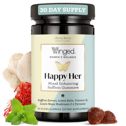 Winged Wellness Happy Her Mood Gummies - Daily Mood Enhancer Support Supplement for Women - Vitamin D with Saffron, Lemon Balm, & Lions Mane Mushrooms for Balance & Calming Relief - 50 Vegan Gummies WingedBuy Supplements Australia
