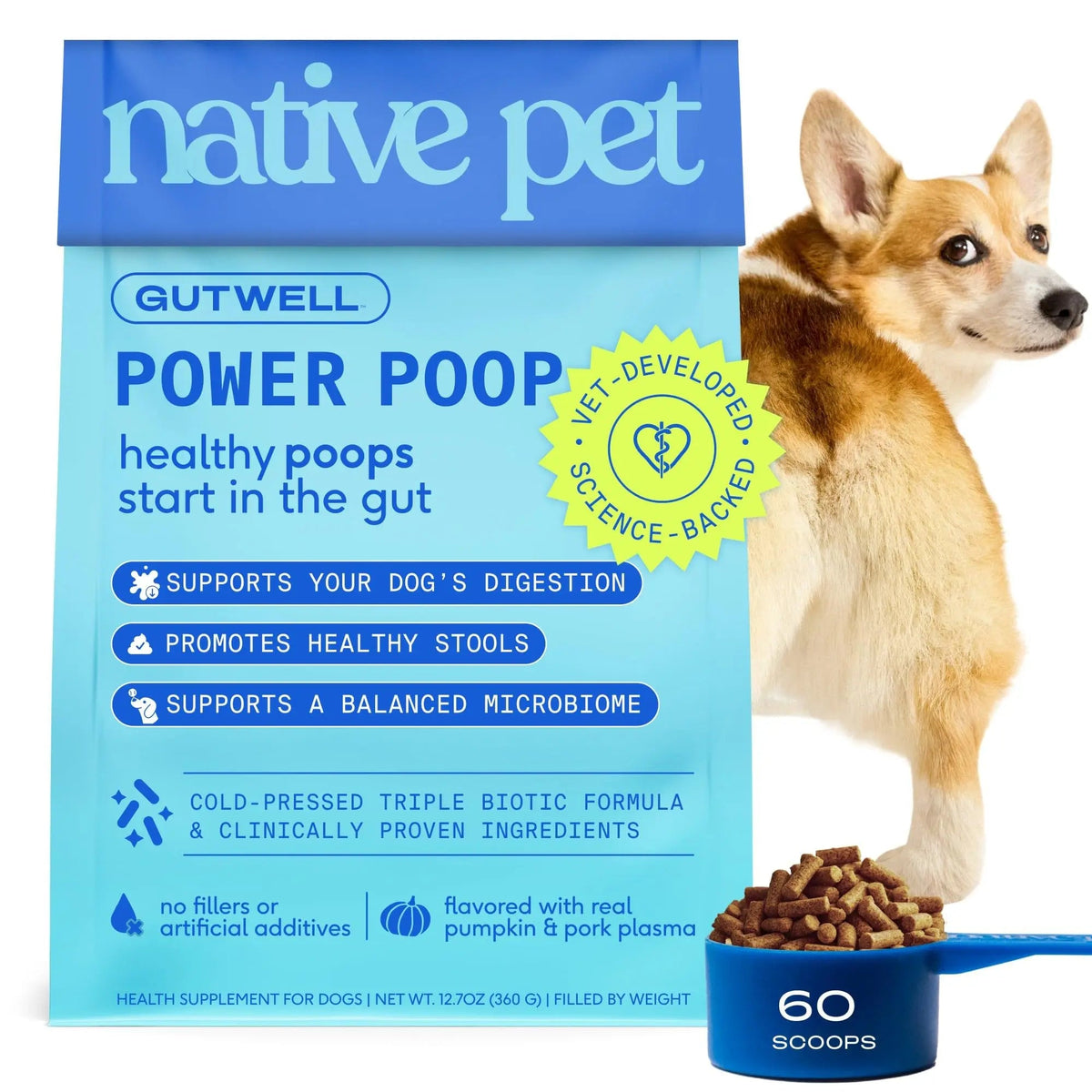 GutWell Power Poop - Digestive Enzymes & Fiber for Dogs - Dog Fiber Supplements Help with Diarrhea Relief, Upset Stomach, Pet Gas & Gut Health with Targeted Triple-Biotic Blend & M-Fiber - 60 Scoops Native PetBuy Supplements Australia