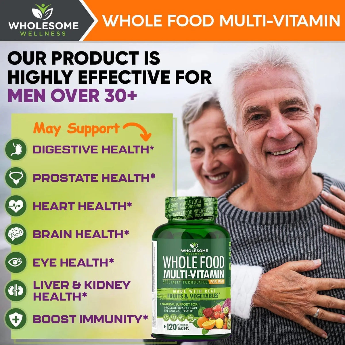Wholesome Wellness Whole Food Multivitamin for Men - Natural Multi Vitamins, Minerals, Organic Extracts - Vegan Vegetarian - 120 Tablets Wholesome Wellness