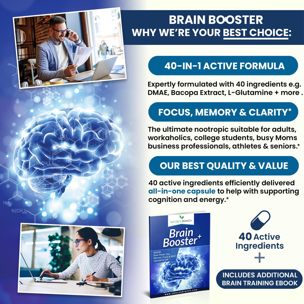 40-in-1 Brain Booster Supplement for Focus, Memory, Clarity, Energy | Advanced Vitamins Plus eBook | for Men & Women, Cognitive Function Nootropic Support with DMAE, Mind Health Formula | 60 Capsules NATURE'S BRANCHBuy Supplements Australia