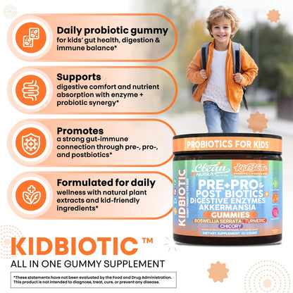 Clean Nutra Kids Probiotics Gummies with Prebiotics, Postbiotics, Digestive Enzymes, Akkermansia, Boswellia Serrata, Turmeric, Chicory – 60 Count – Plant-Based Supplement for Kids – PeachPop Flavor Clean NutraceuticalsBuy Supplements Australia