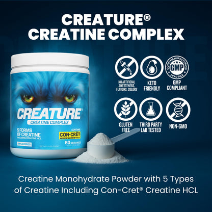 CREATURE® Creatine Complex - Creatine Monohydrate Powder with 5 Types of Creatine Including Con-Crēt® Creatine HCL, Promotes Muscle, Strength, Endurance, Brain Health, Unflavored, 300g 60 Servings CREATUREBuy Supplements Australia