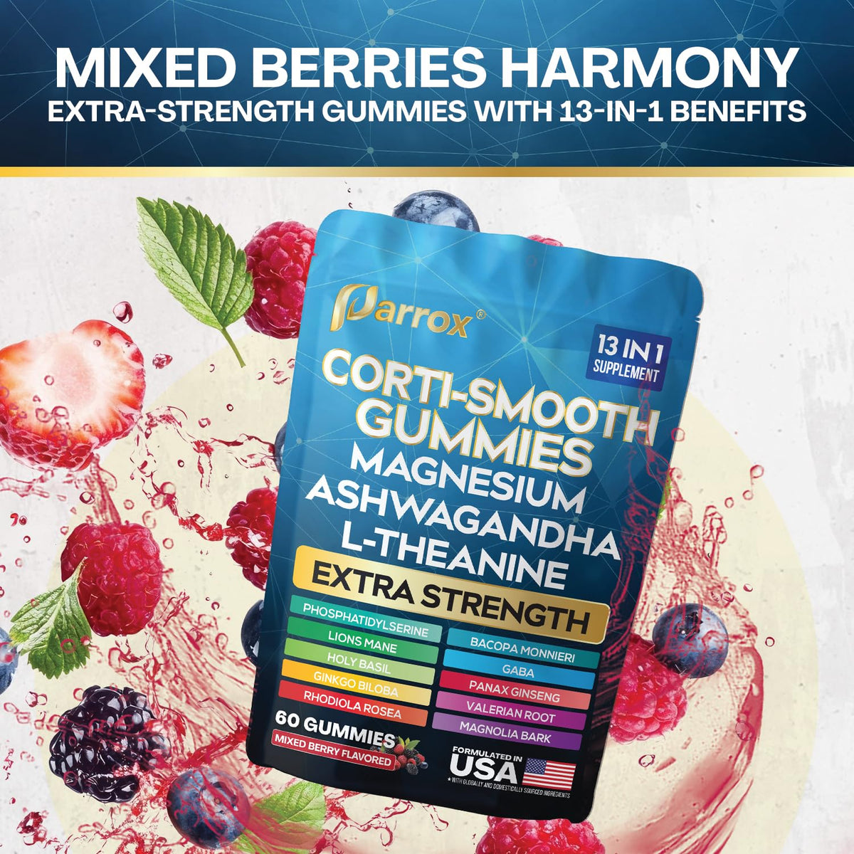 Parrox Corti-Smooth Cortisol Support Gummies with Magnesium, L-Theanine, Ashwagandha, Phosphatidylserine, Bacopa Monnieri, Lions Mane, Ginkgo Biloba, Valerian Root (60 Gummies - Mixed Berry Flavor) ParroxBuy Supplements Australia