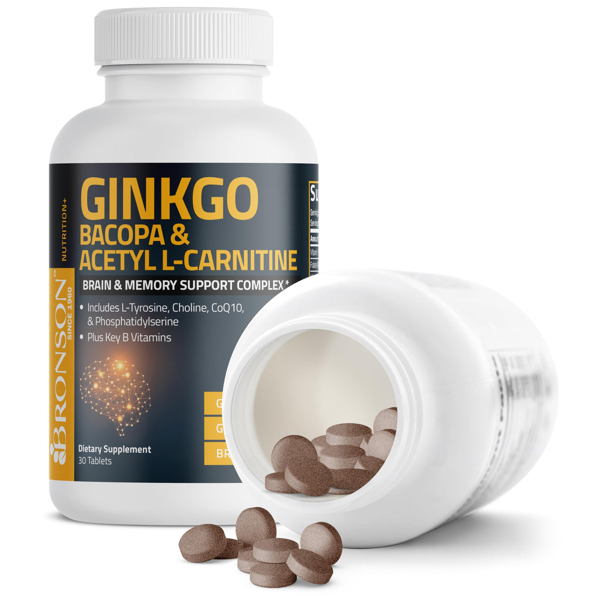 Bronson Ginkgo, Bacopa & Acetyl L-Carnitine Brain & Memory Support Complex with L-Tyrosine, Choline, CoQ10 & Phosphatidylserine Plus Key B Vitamins Non-GMO, 30 Tablets BronsonBuy Supplements Australia