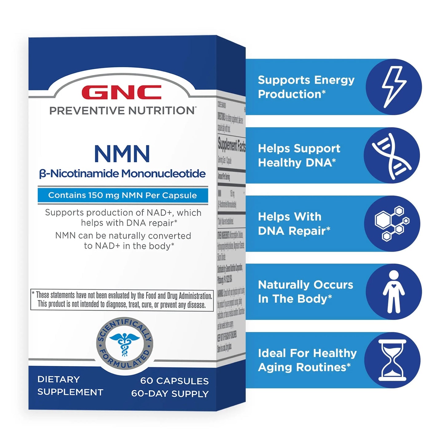 GNC Preventive Nutrition NMN, 150 mg, NAD+ Booster Supplement for Cellular Energy & DNA Repair, Anti-Aging Support, 60 Capsules, Gluten Free, 60 svg GNCBuy Supplements Australia