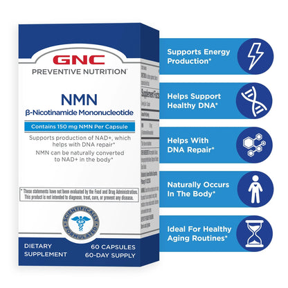 GNC Preventive Nutrition NMN, 150 mg, NAD+ Booster Supplement for Cellular Energy & DNA Repair, Anti-Aging Support, 60 Capsules, Gluten Free, 60 svg GNCBuy Supplements Australia